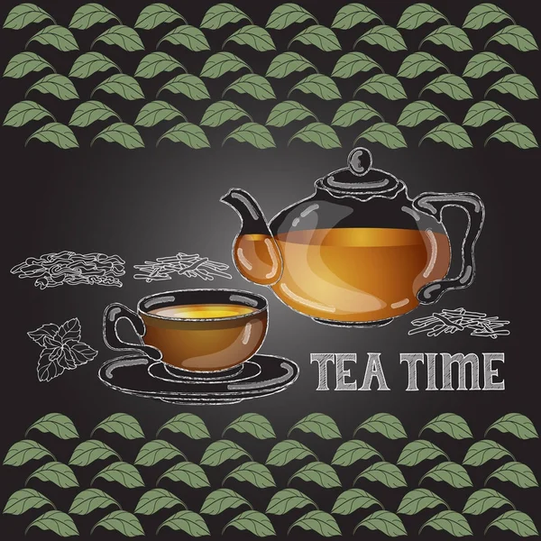 Cartão vetorial com xícara, panela, erva e texto Tea Time . —  Vetores de Stock