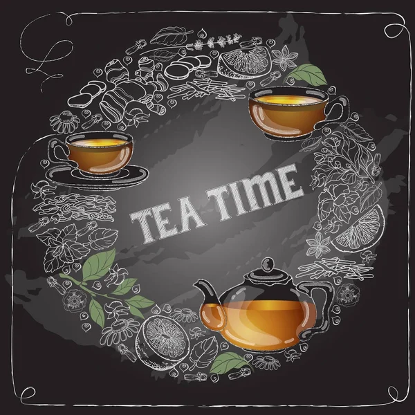 Tarjeta vectorial con copa de contorno, palabras de hoja Hora del té . — Vector de stock