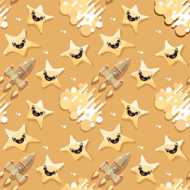 Sevimli çizgi film uzay roketi ve sarı yıldız.