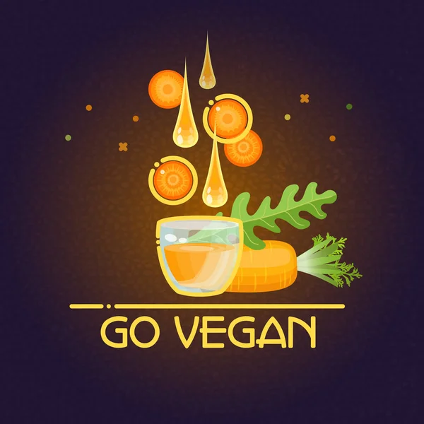 Vaya tarjeta vegana. Estilo de dibujos animados zanahoria, gotas, vidrio . — Vector de stock