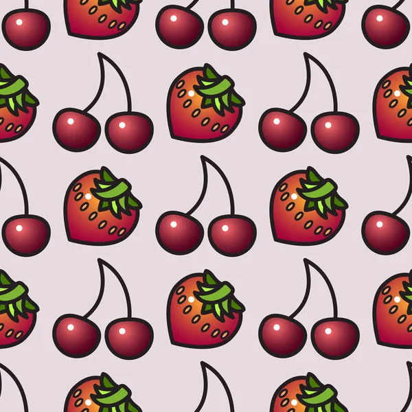 Ovoce bezešvé vzor. Kreslený styl jahody a třešně. — Stockový vektor
