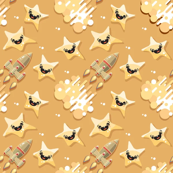 Sevimli çizgi film uzay roketi ve sarı yıldız.