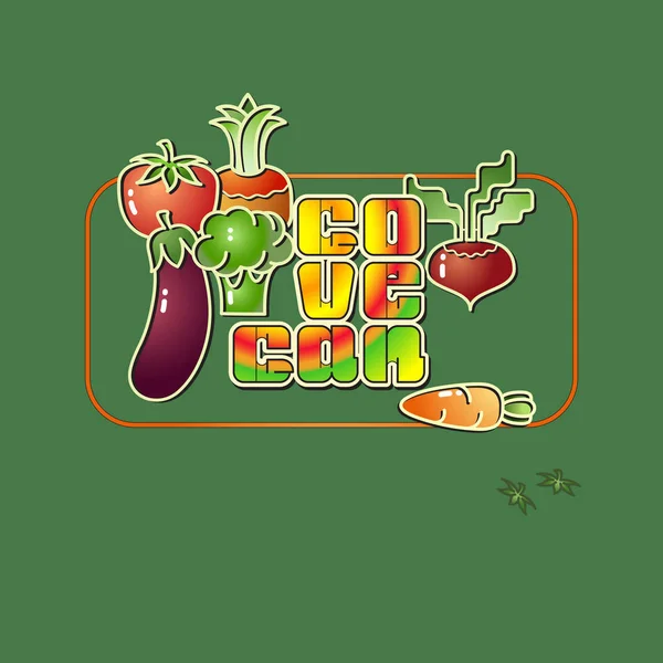 Kreslený styl zeleninu ikon a nápis Go Vegan. — Stockový vektor