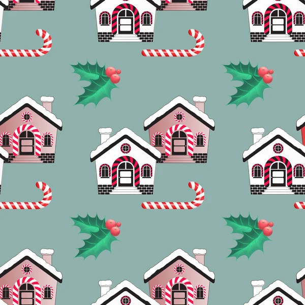 Vektor nahtlose Muster von Weihnachtsbonbons Zuckerrohr, Haus und Stechpalme — Stockvektor