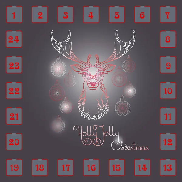手描きの鹿、ボール クリスマス アドベント カレンダー. — ストックベクタ
