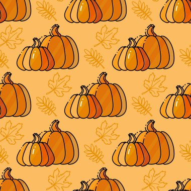 Balkabağı ve yaprakları ile Seamless modeli. Vektör arka plan