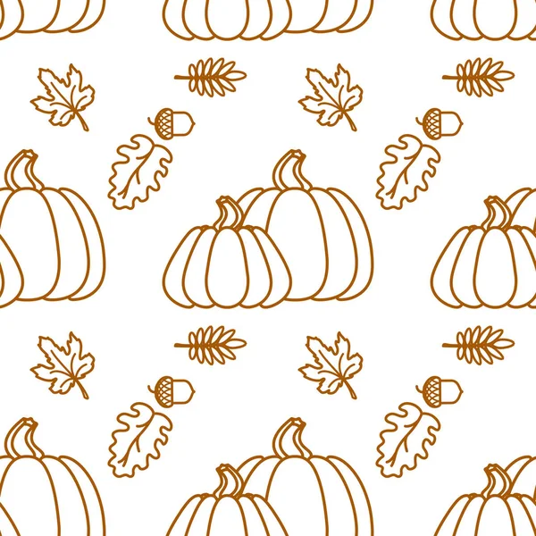 Seamless pattern with outline pumkin and leaf. Vector background — Stock Vector