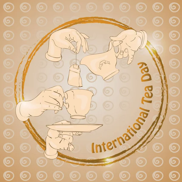 Dzień międzynarodowych herbaty. Ilustracja wektorowa z kubkiem, ręce. — Wektor stockowy
