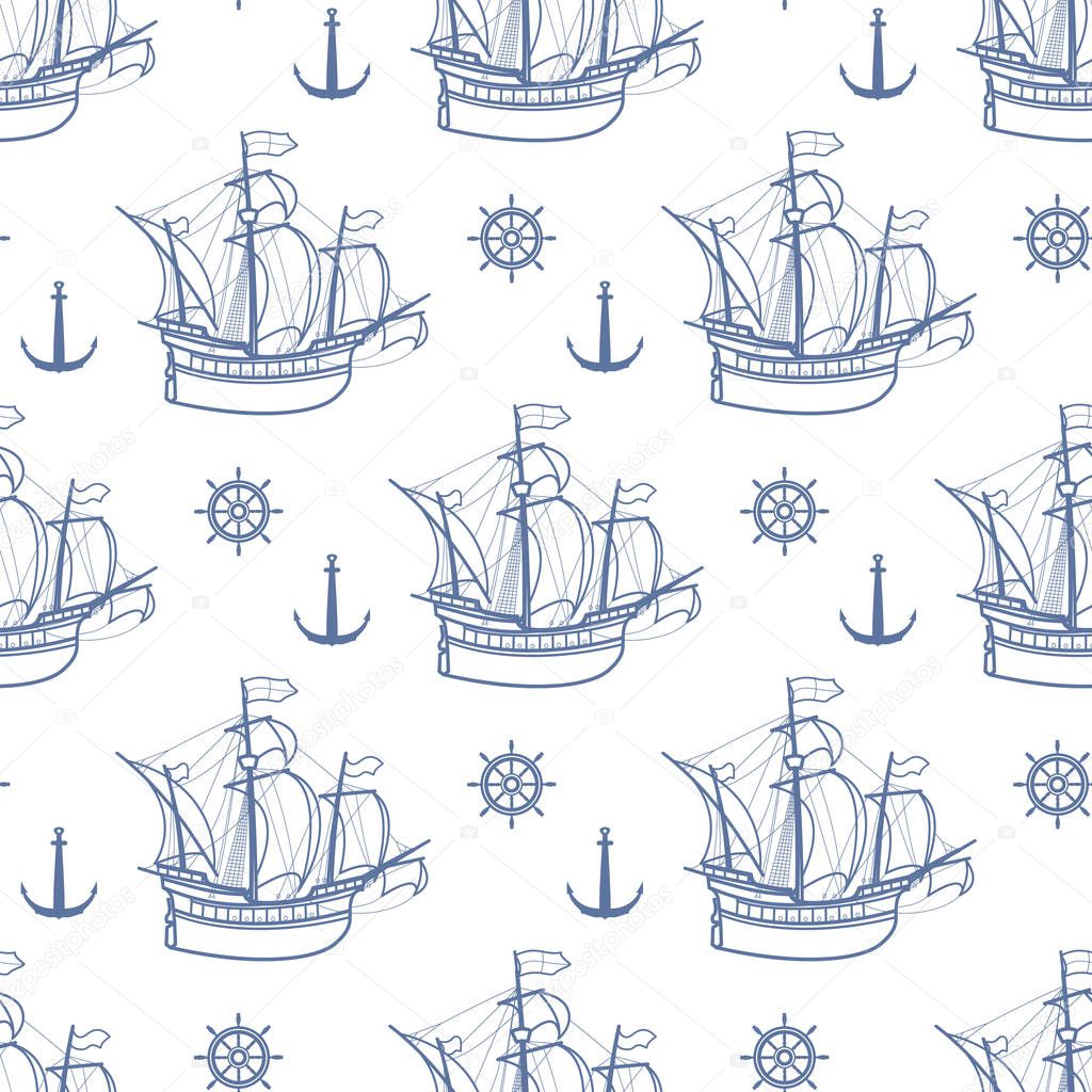 Seamless marine pattern with sailing ships. Vector.