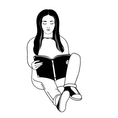 Kitaplı genç bir kadın. Kız oturuyor ve okuyor. Vektör.