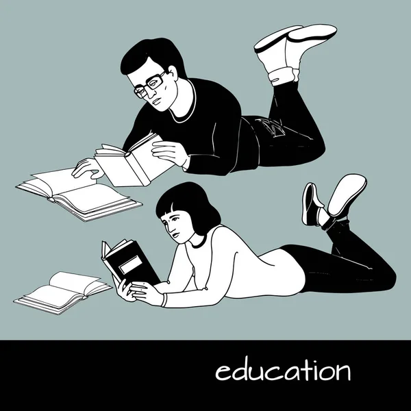 O jovem e a mulher lêem livros. Ilustração vetorial . — Vetor de Stock