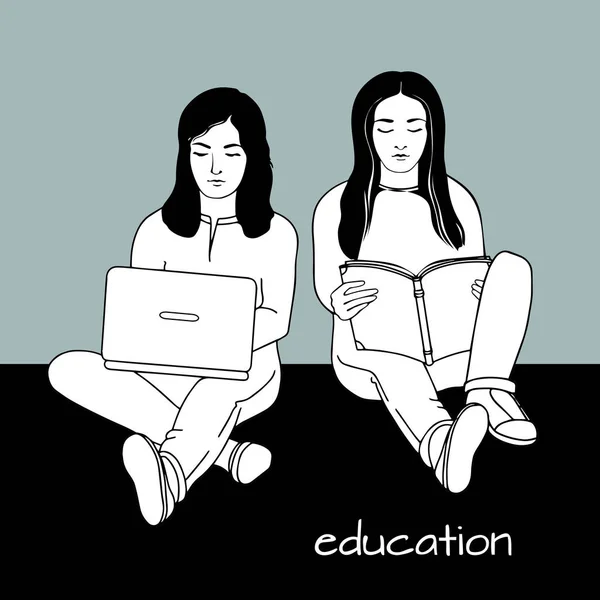 Μαθητές με φορητό υπολογιστή και ανοιχτό βιβλίο. Εικονογράφηση διανύσματος. — Διανυσματικό Αρχείο