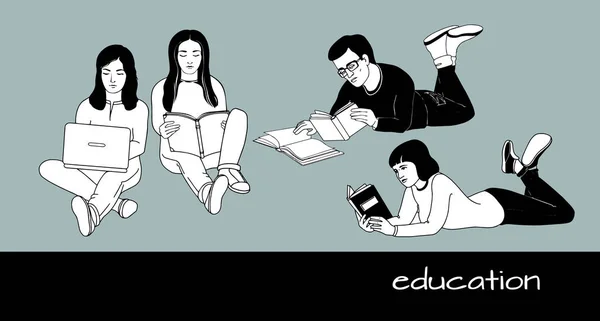 Ο νεαρός άνδρας και τα κορίτσια διαβάζουν βιβλία. Εικονογράφηση διανύσματος. — Διανυσματικό Αρχείο