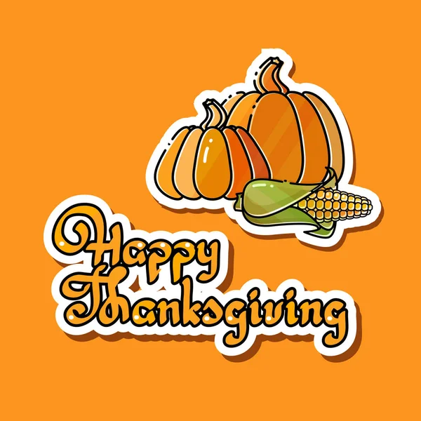 Cartoon pompoenen, maïs en handgeschreven woorden Happy Thanksgiving — Stockvector