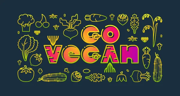 Давай, Веган. Надпись и очертания овощей. Вегетарианская еда. Векторная иллюстрация . — стоковый вектор