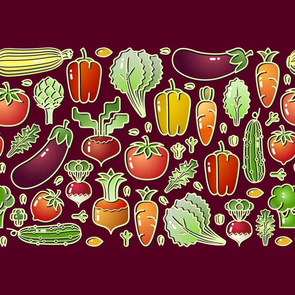 Varias verduras aisladas sobre fondo púrpura. Patrón a rayas sin costuras. Vector . — Vector de stock