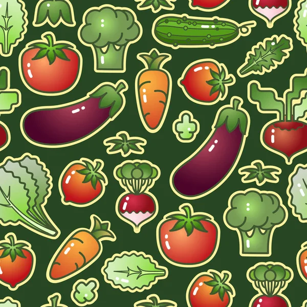 다양 한 색깔의 채소들 이 녹색 배경에 분리되어 있다. 솔기없는 패턴입니다. 벡터. — 스톡 벡터