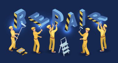 Tamir servisleri. Isometric konsepti. İnşaatçılar takımı çalışıyor. Vektör.