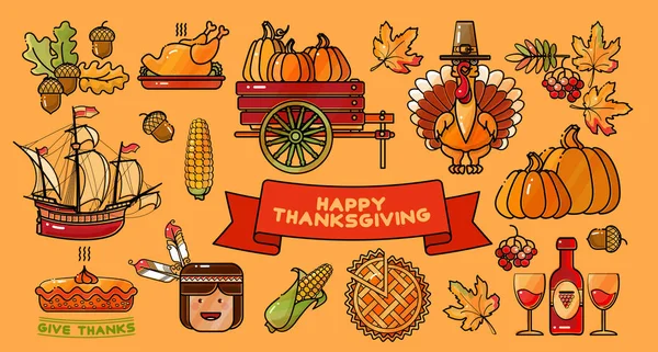 Happy Thanksgiving ensemble vectoriel d'icônes de dessin animé colorés . — Image vectorielle