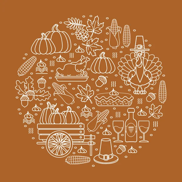 Thanksgiving Holiday circle greeting card. Outline Vector illustration.