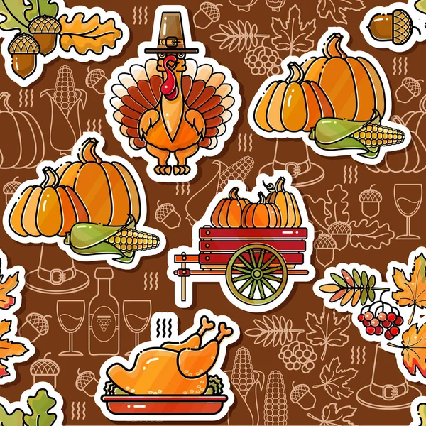 Thanksgiving Holiday Texture. Seamless pattern with Happy Thanksgiving stickers. Vector. — Stock Vector