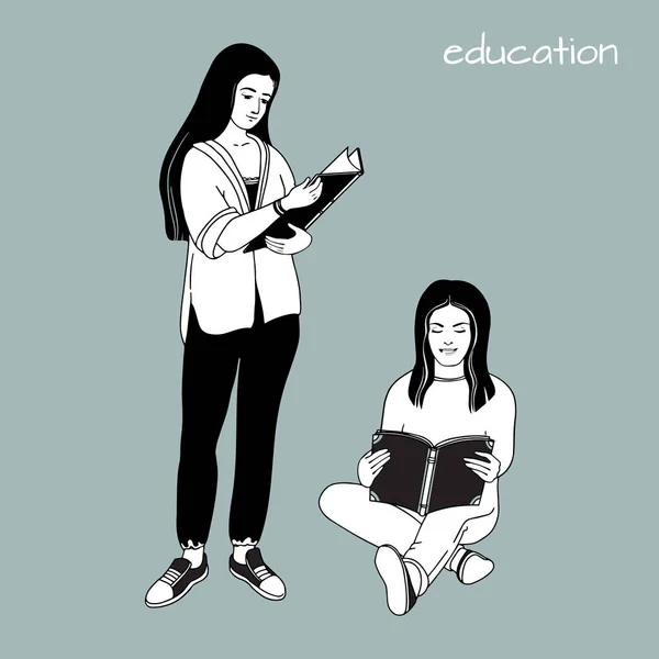 開いている本を持つ2人の若い女性。学生は読んでいる。ベクトル. — ストックベクタ