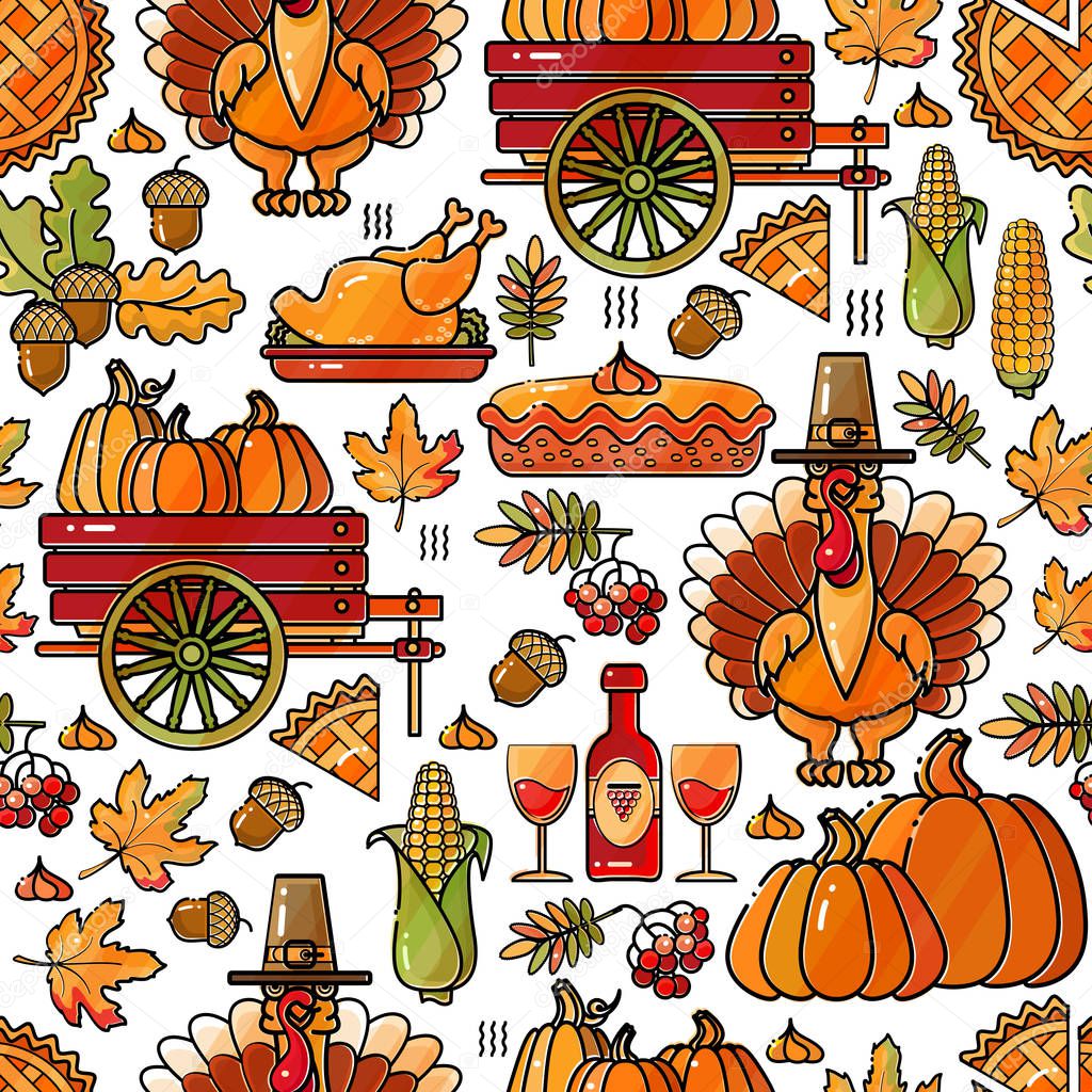 Thanksgiving Holiday Texture. Colorful seamless pattern. Thanksgiving symbols. Vector.