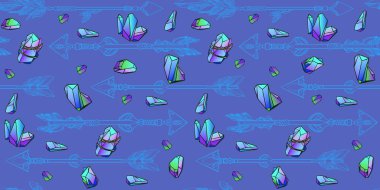 Renkli kristaller, taşlar ve oklarla kusursuz desen. Vektör illüstrasyonu.