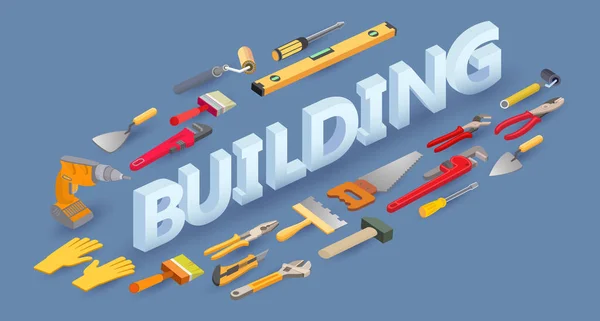 Building services concept. Isometric Construction tools and word Building.Vector. — Stock Vector