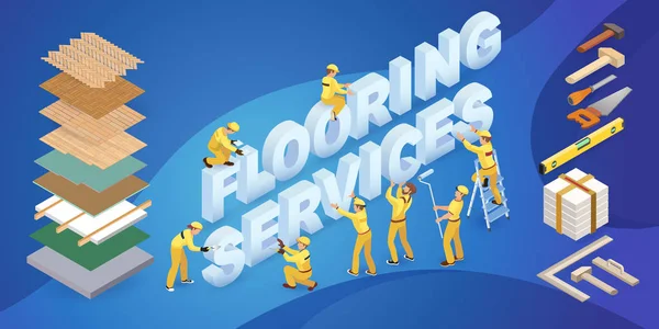 Equipe de Trabalhadores e palavras isométricas Flooring Services. Vetor . —  Vetores de Stock