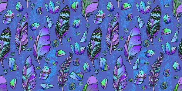 Seamless pattern with feather and colorful crystals gems. Vector illustration. — Stock Vector
