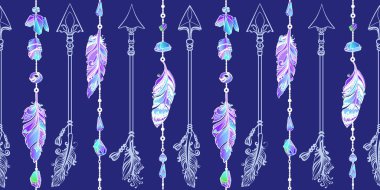 Tüy ve renkli kristallerle kusursuz bir desen. Vektör illüstrasyonu.