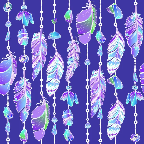 Hanging feathers and crystals in aztec style. Vector seamless pattern. — Stock Vector