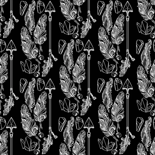 Seamless pattern with feathers, arrow and crystal. Vector background. — 스톡 벡터