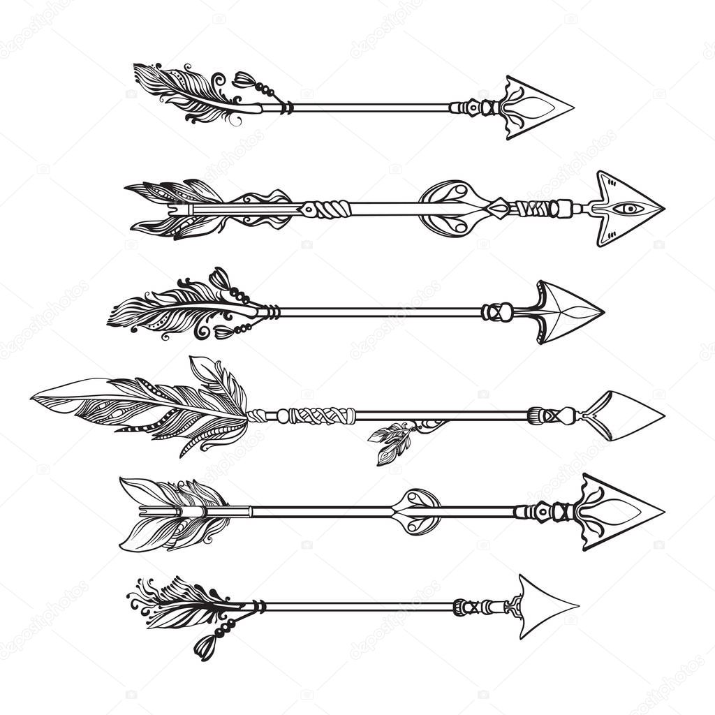 Hand drawn black arrows isolated on white. Vector set.