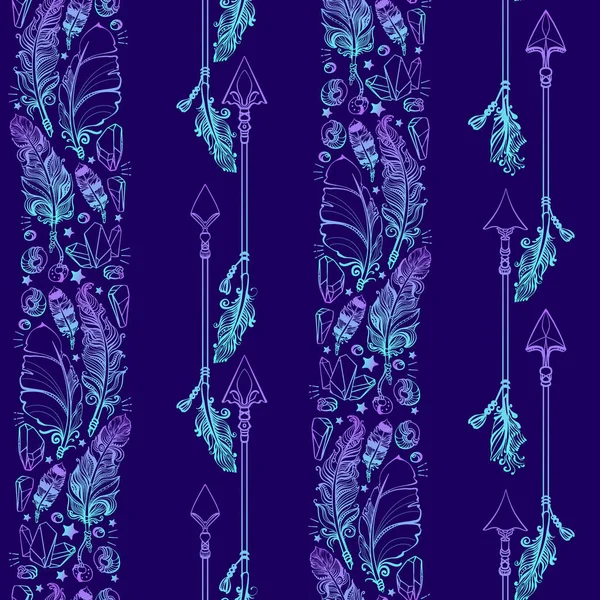 Seamless pattern with feather, arrows and crystals gems. Vector. — Stock Vector