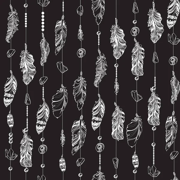 Naadloos patroon met hangende veren en kristallen edelstenen. Vectorillustratie. — Stockvector
