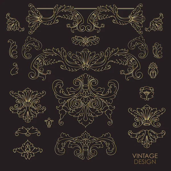 Set of decorative golden vintage elements. Stylish baroque design. Vector. — Stock Vector