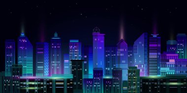 Karanlık arka planda neon ışıkları olan bir panorama. Vektör.