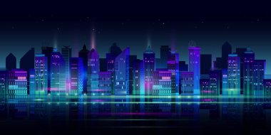 Karanlık arka planda neon ışıkları olan bir panorama. Vektör.