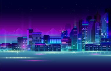 Karanlık arka planda neon ışıkları olan bir panorama. Vektör.