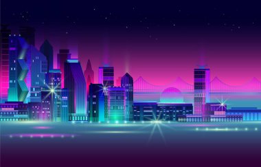 Karanlık arka planda neon ışıkları olan bir panorama. Vektör.