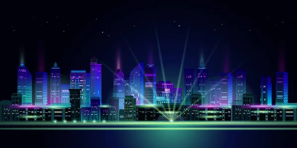 Night city panorama with neon glow on dark background. Vector. — 스톡 벡터