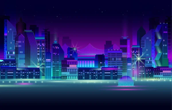 Nocna panorama miasta z neonowym blaskiem na ciemnym tle. Wektor. — Wektor stockowy