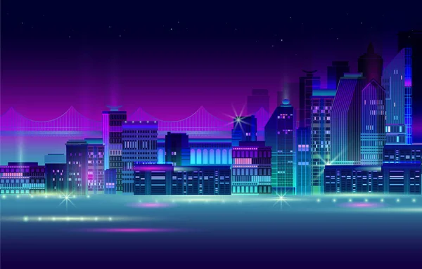 Night city panorama with neon glow on dark background. Vector. — Stock Vector