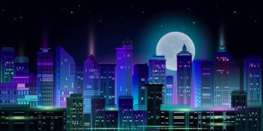 Gece şehri manzarası, ay ışığı ve neon ışığı. Vektör illüstrasyonu.