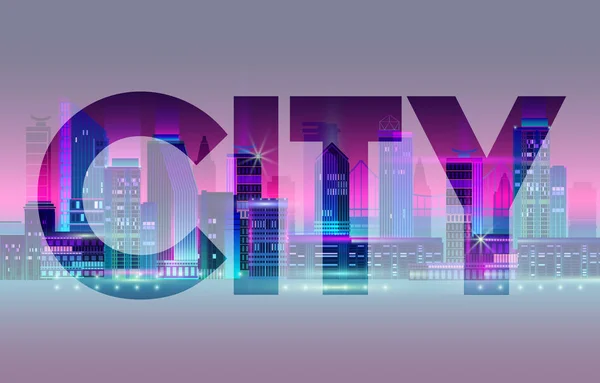 Night City Panorama 'nın arka planında Word City var. Vektör.