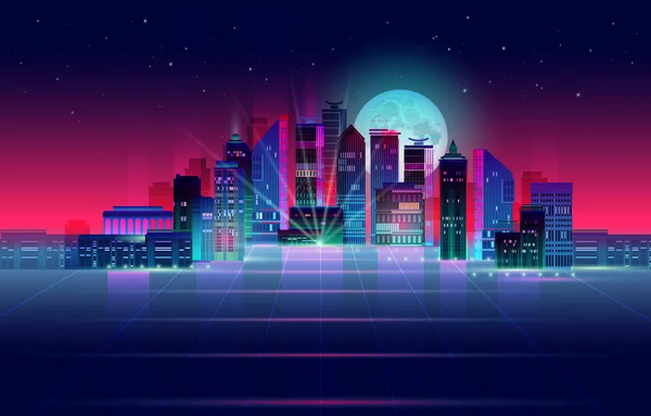 Πανόραμα της πόλης της νύχτας με φεγγάρι και νέον λάμψη. Εικονογράφηση διανύσματος. — Διανυσματικό Αρχείο
