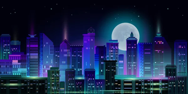 Panorama da cidade noturna com lua e brilho de néon. Ilustração vetorial . —  Vetores de Stock