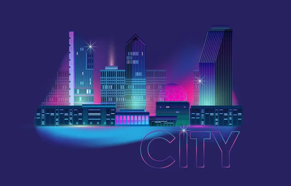 Panorama nocturne de la ville avec lueur néon sur fond bleu. Vecteur . — Image vectorielle